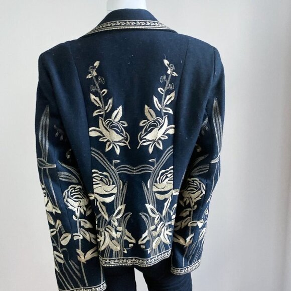 Nygard Collection Black Wool Gold Floral Embroidery Blazer M - Picture 6 of 8